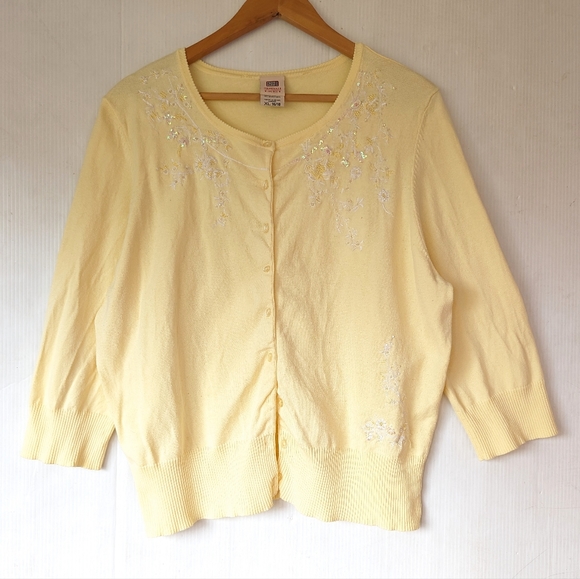 Vintage Sweaters - VINTAGE 90s Faded Glory embroidered beaded spring yellow cardigan sweater